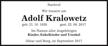 Traueranzeige von Adolf Kralowetz  von Magdeburger Volksstimme