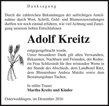 Traueranzeige von Adolf Kreitz  von Magdeburger Volksstimme