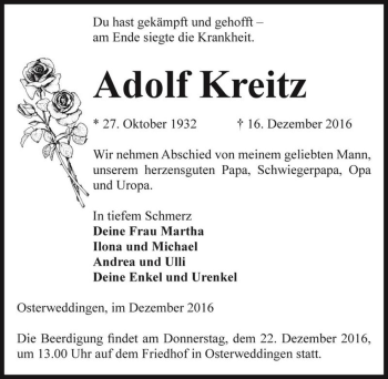 Traueranzeige von Adolf Kreitz  von Magdeburger Volksstimme