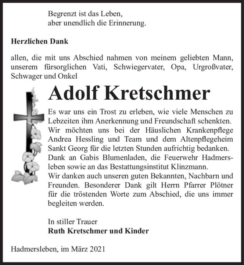 Traueranzeige für Adolf Kretschmer  vom 13.03.2021 aus Magdeburger Volksstimme