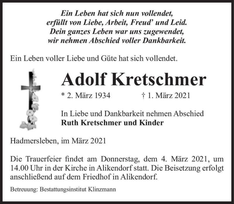  Traueranzeige für Adolf Kretschmer  vom 03.03.2021 aus Magdeburger Volksstimme