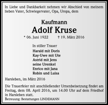 Traueranzeige von Adolf Kruse  von Magdeburger Volksstimme