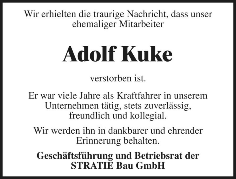  Traueranzeige für Adolf Kuke  vom 10.10.2015 aus Magdeburger Volksstimme