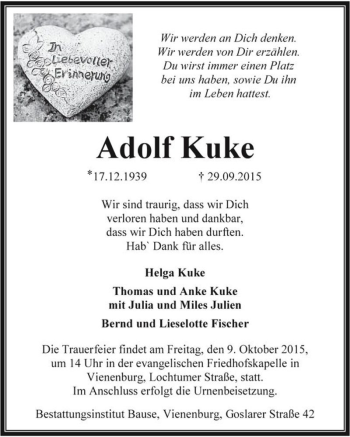 Traueranzeige von Adolf Kuke  von Magdeburger Volksstimme