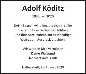 Traueranzeige von Adolf Köditz  von Magdeburger Volksstimme