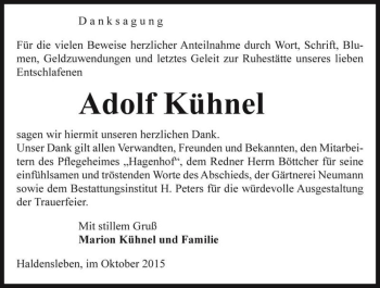 Traueranzeige von Adolf Kühnel  von Magdeburger Volksstimme