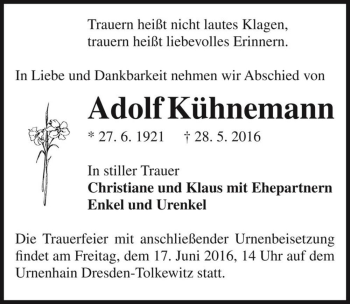 Traueranzeige von Adolf Kühnemann  von Magdeburger Volksstimme