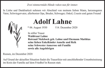 Traueranzeige von Adolf Lahne  von Magdeburger Volksstimme