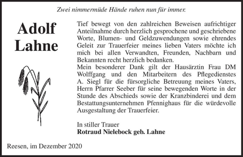  Traueranzeige für Adolf Lahne  vom 09.01.2021 aus Magdeburger Volksstimme