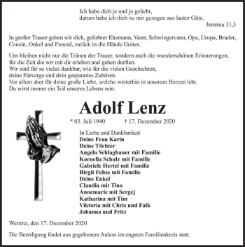 Traueranzeige von Adolf Lenz  von Magdeburger Volksstimme