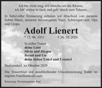 Traueranzeige von Adolf Lienert  von Magdeburger Volksstimme