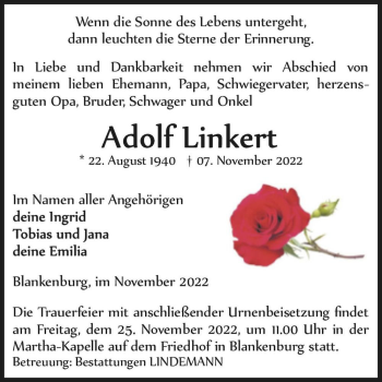 Traueranzeige von Adolf Linkert  von Magdeburger Volksstimme