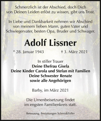 Traueranzeige von Adolf Lissner  von Magdeburger Volksstimme