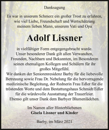 Traueranzeige von Adolf Lissner  von Magdeburger Volksstimme