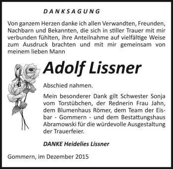 Traueranzeige von Adolf Lissner  von Magdeburger Volksstimme