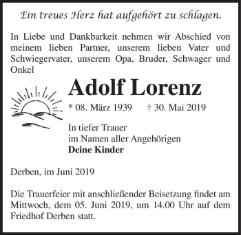 Traueranzeige von Adolf Lorenz  von Magdeburger Volksstimme