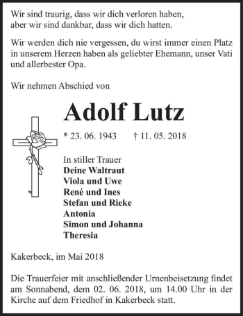 Traueranzeige von Adolf Lutz  von Magdeburger Volksstimme