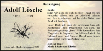 Traueranzeige von Adolf Lösche  von Magdeburger Volksstimme