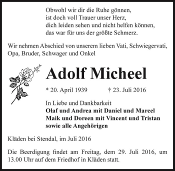 Traueranzeige von Adolf Micheel  von Magdeburger Volksstimme
