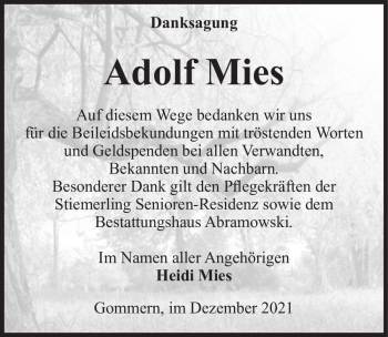 Traueranzeige von Adolf Mies  von Magdeburger Volksstimme