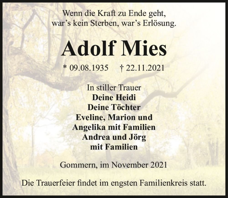  Traueranzeige für Adolf Mies  vom 27.11.2021 aus Magdeburger Volksstimme