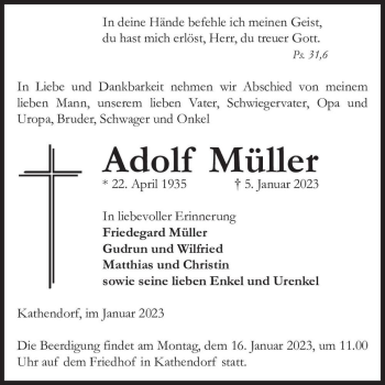 Traueranzeige von Adolf Müller  von Magdeburger Volksstimme