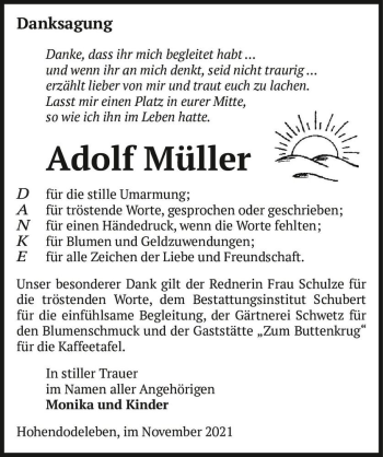 Traueranzeige von Adolf Müller  von Magdeburger Volksstimme