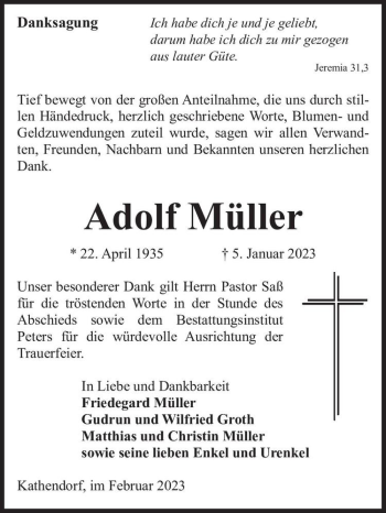 Traueranzeige von Adolf Müller  von Magdeburger Volksstimme