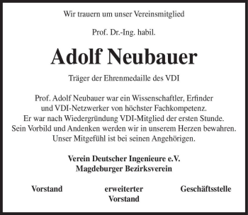 Traueranzeige von Adolf Neubauer  von Magdeburger Volksstimme