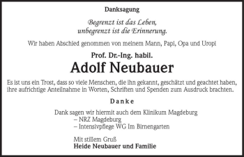 Traueranzeige von Adolf Neubauer  von Magdeburger Volksstimme