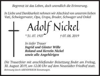 Traueranzeige von Adolf Nickel  von Magdeburger Volksstimme