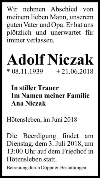 Traueranzeige von Adolf Niczak  von Magdeburger Volksstimme