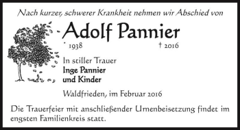 Traueranzeige von Adolf Pannier  von Magdeburger Volksstimme