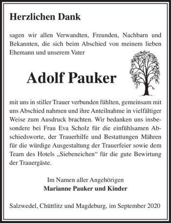 Traueranzeige von Adolf Pauker  von Magdeburger Volksstimme