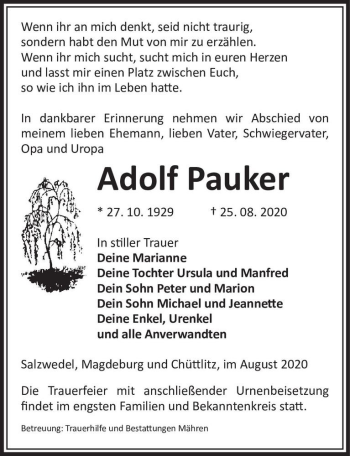 Traueranzeige von Adolf Pauker  von Magdeburger Volksstimme