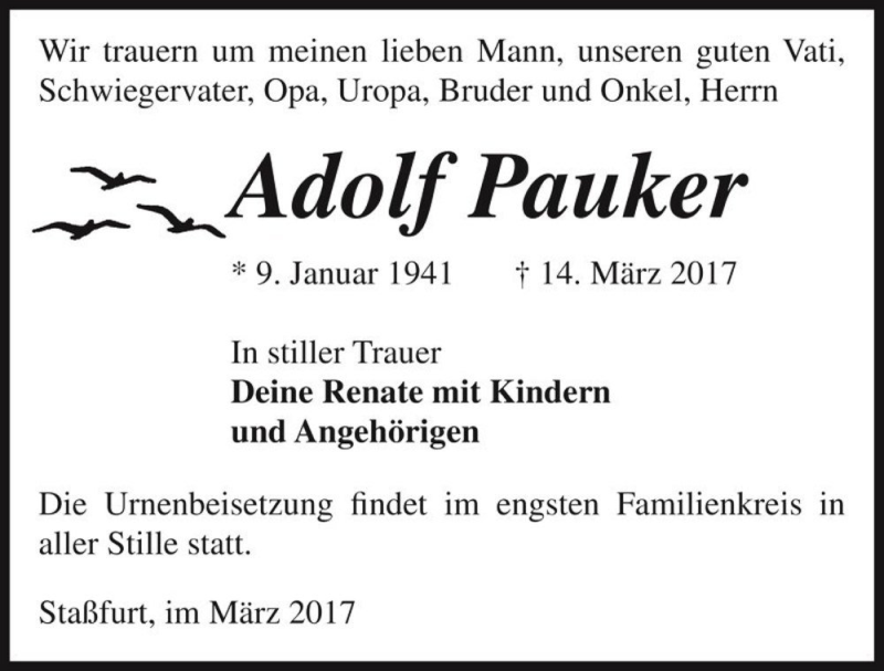  Traueranzeige für Adolf Pauker  vom 18.03.2017 aus Magdeburger Volksstimme