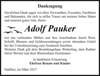 Traueranzeige von Adolf Pauker  von Magdeburger Volksstimme