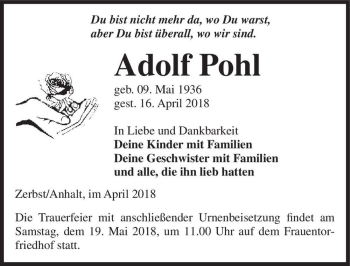 Traueranzeige von Adolf Pohl  von Magdeburger Volksstimme