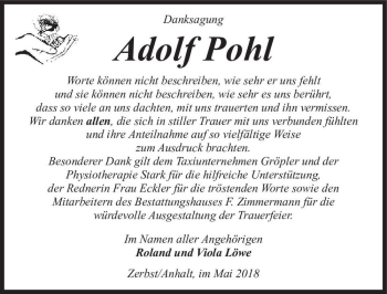 Traueranzeige von Adolf Pohl  von Magdeburger Volksstimme
