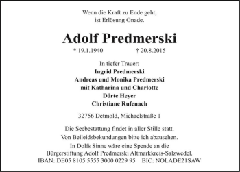 Traueranzeige von Adolf Predmerski  von Magdeburger Volksstimme