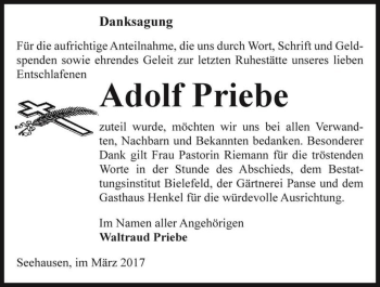 Traueranzeige von Adolf Priebe  von Magdeburger Volksstimme