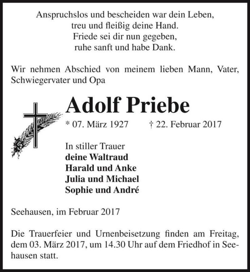  Traueranzeige für Adolf Priebe  vom 28.02.2017 aus Magdeburger Volksstimme
