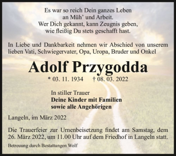 Traueranzeige von Adolf Przygodda  von Magdeburger Volksstimme