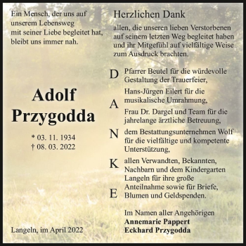 Traueranzeige von Adolf Przygodda  von Magdeburger Volksstimme