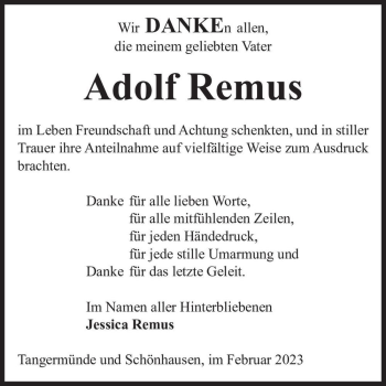 Traueranzeige von Adolf Remus  von Magdeburger Volksstimme