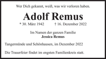 Traueranzeige von Adolf Remus  von Magdeburger Volksstimme
