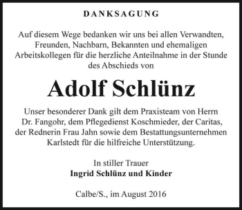 Traueranzeige von Adolf Schlünz  von Magdeburger Volksstimme