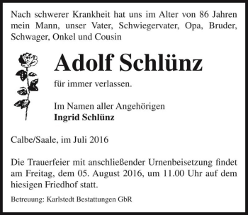 Traueranzeige von Adolf Schlünz  von Magdeburger Volksstimme