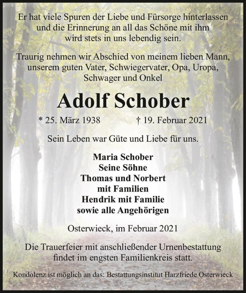  Traueranzeige für Adolf Schober  vom 27.02.2021 aus Magdeburger Volksstimme