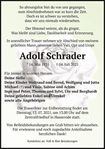Traueranzeige von Adolf Schrader  von Magdeburger Volksstimme